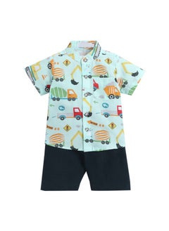 Hopscotch Hopscotch Boys Vehicle Print Shirt Shorts Set In Green Color for Ages 9-12 Months  - Image 1