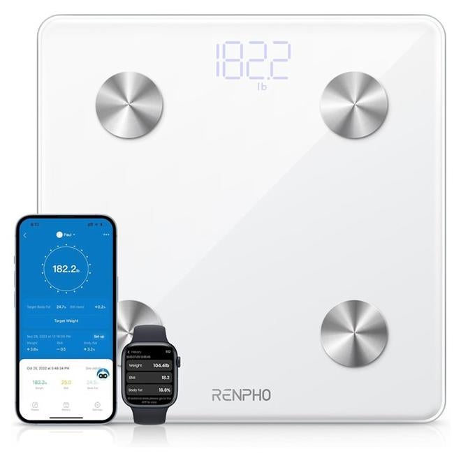 رينفو مقياس رينفو الذكي، مقياس دهون الجسم، مقياس الحمام الرقمي لوزن الجسم، تحليل تكوين الجسم، مقياس مؤشر كتلة الجسم دقيق للغاية مع التطبيق، 400 رطل، يشمل البطاريات، White-Elis 1 - Image 1