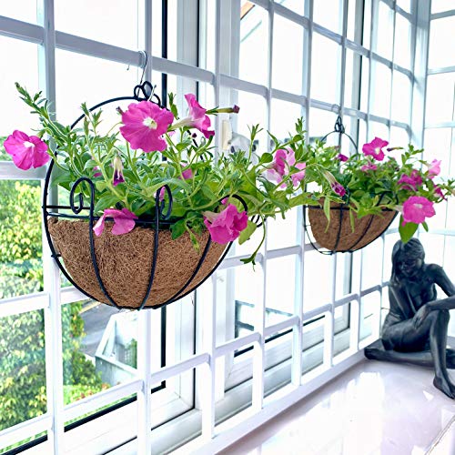 Shoplala Wall Hanging Planter for Outdoor (2 Pack, 10 Inch) Black Metal Hanging Flower Basket for Plants, Wall Planters with Coco Liner Indoor Wall Mounted Plant Holder Outside Balcony Fence Rail Deck - Image 1