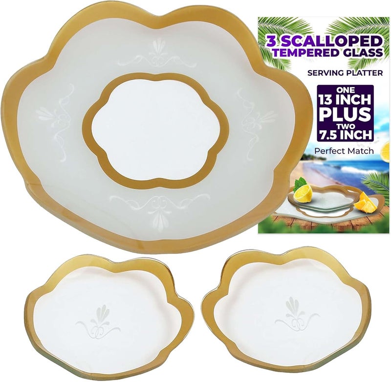 GAC Great American Classics GAC Scalloped Tempered Glass Dessert Plates and Platters  Elegant Dinnerware  Decorative Plates with Gold Trim Ideal for Serving Food Special Occasions and Presents  Set of 3 - Image 1