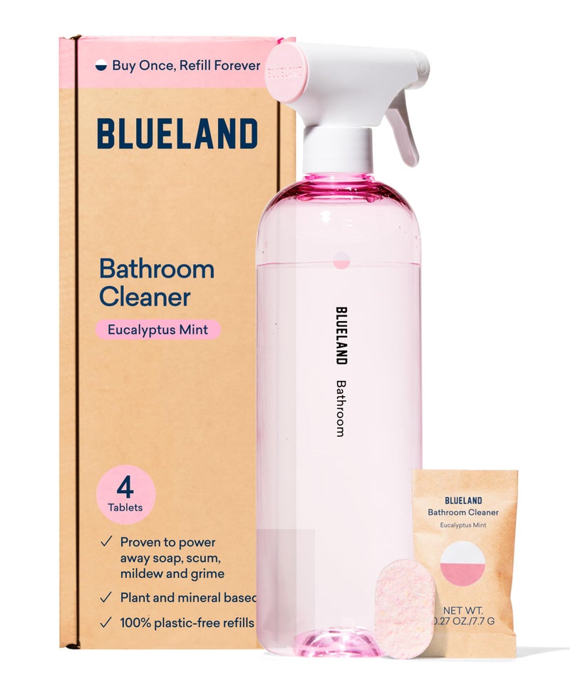 BLUELAND Bathroom Cleaner, Starter Set, Eucalyptus Mint Scent, Spray Bottle with 4 Refill Tablets, Eco-Friendly Cleaning Supplies, 4 x 24 Fl oz - Image 1