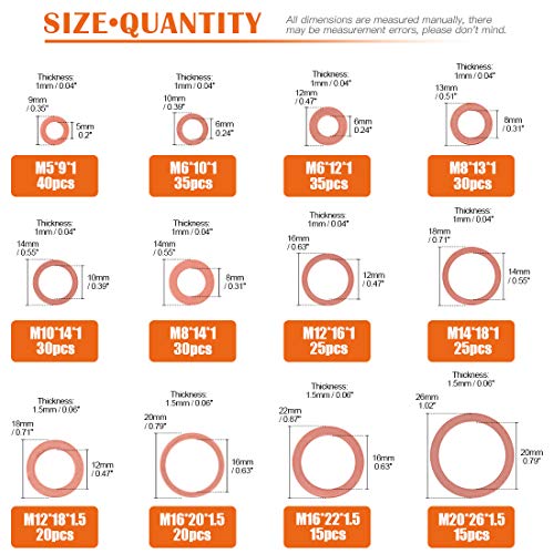 Rustark 320 Pcs Copper Flat Washers Assortment Kit Metric Sealing Washers M5 M6 M8 M10 M12 M14 M16 M20（12 Sizes） - Image 2