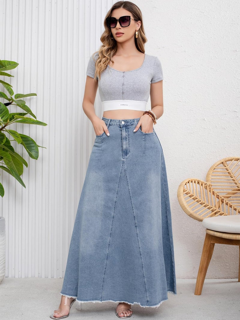 ebossy Women's Retro Distressed High Waist Frayed Hem A Line Wash Maxi Long Denim Skirt with Pockets (L, Light Blue) - Image 4