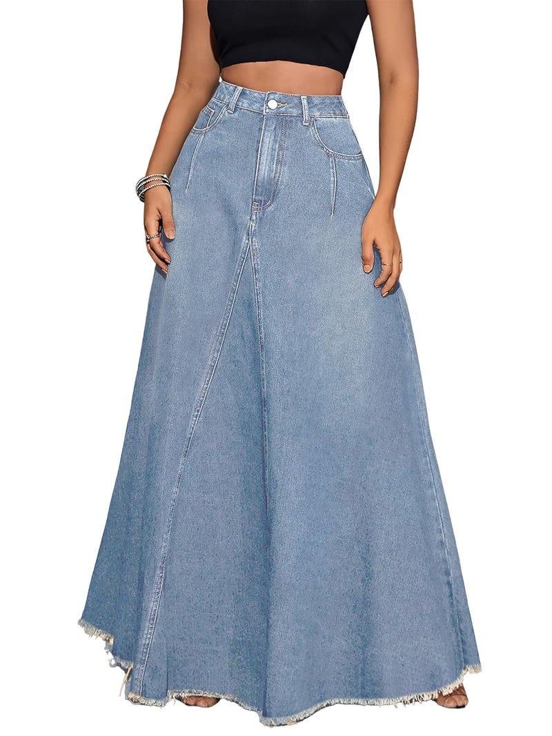 ebossy Women's Retro Distressed High Waist Frayed Hem A Line Wash Maxi Long Denim Skirt with Pockets (L, Light Blue) - Image 1