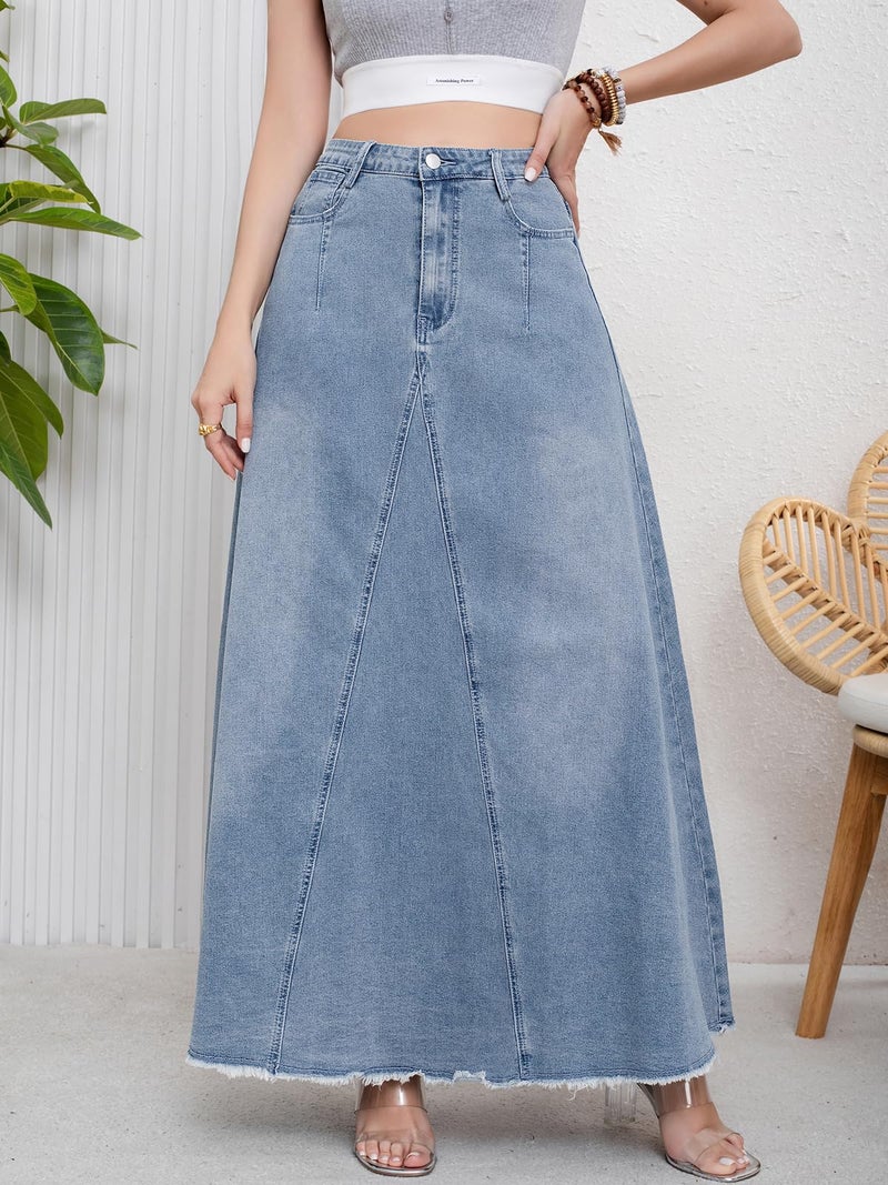 ebossy Women's Retro Distressed High Waist Frayed Hem A Line Wash Maxi Long Denim Skirt with Pockets (L, Light Blue) - Image 2