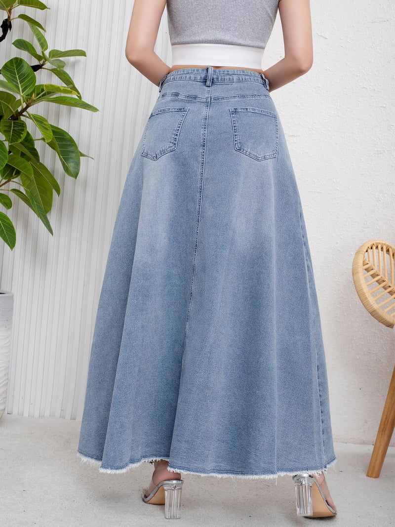 ebossy Women's Retro Distressed High Waist Frayed Hem A Line Wash Maxi Long Denim Skirt with Pockets (L, Light Blue) - Image 3