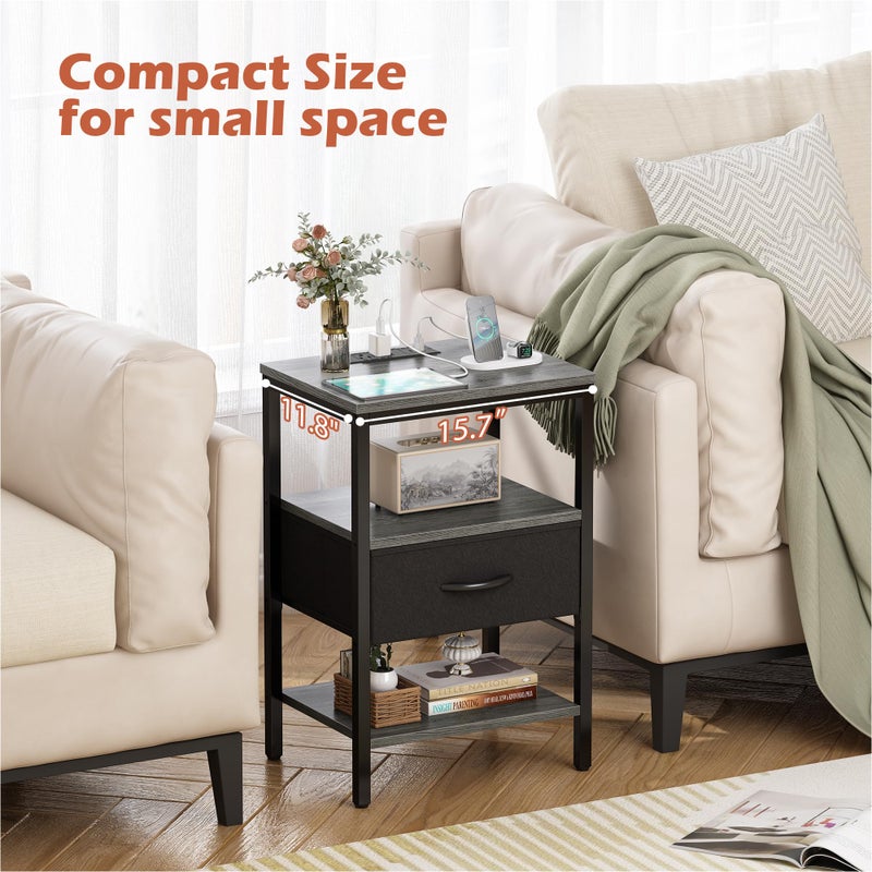 SUPERJARE Nightstand with Charging Station, Bed Side Table with Adjustable Fabric Drawer, Night Stand for Bedroom, 3-Tier Storage End Table, for Living Room, Charcoal Gray - Image 5