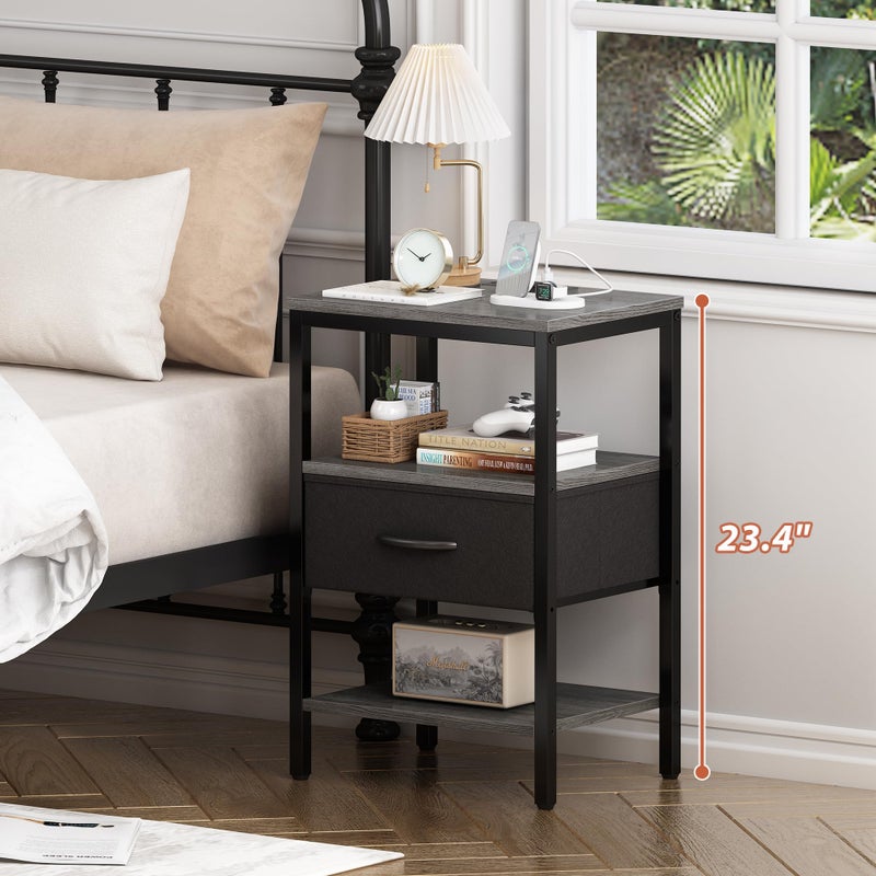 SUPERJARE Nightstand with Charging Station, Bed Side Table with Adjustable Fabric Drawer, Night Stand for Bedroom, 3-Tier Storage End Table, for Living Room, Charcoal Gray - Image 2