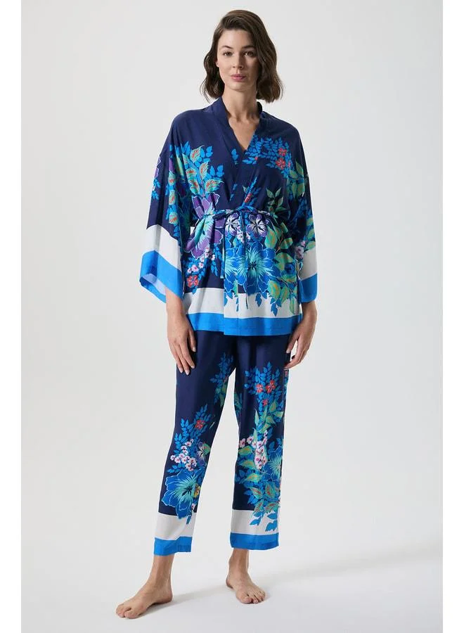 Floral patterned three-piece pajama set.