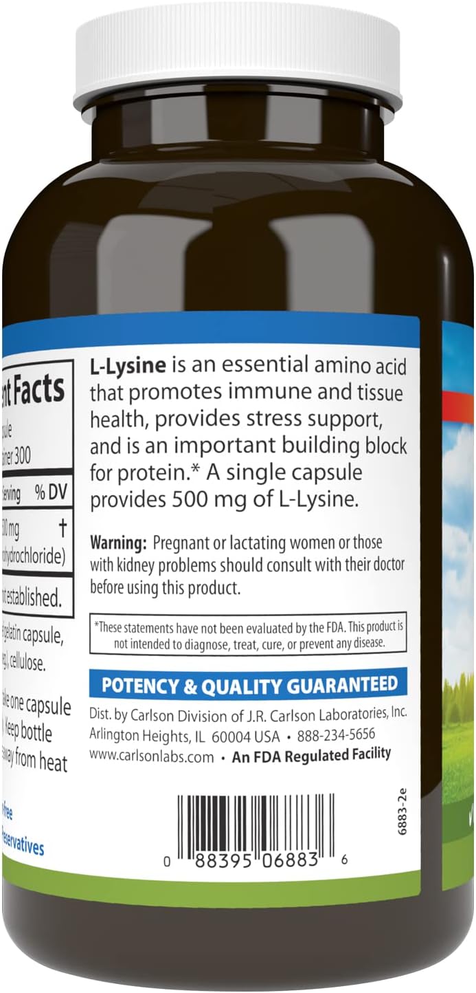 Carlson  LLysine 500 mg Supports Healthy Tissue  Muscle Development 300 capsules - Image 3