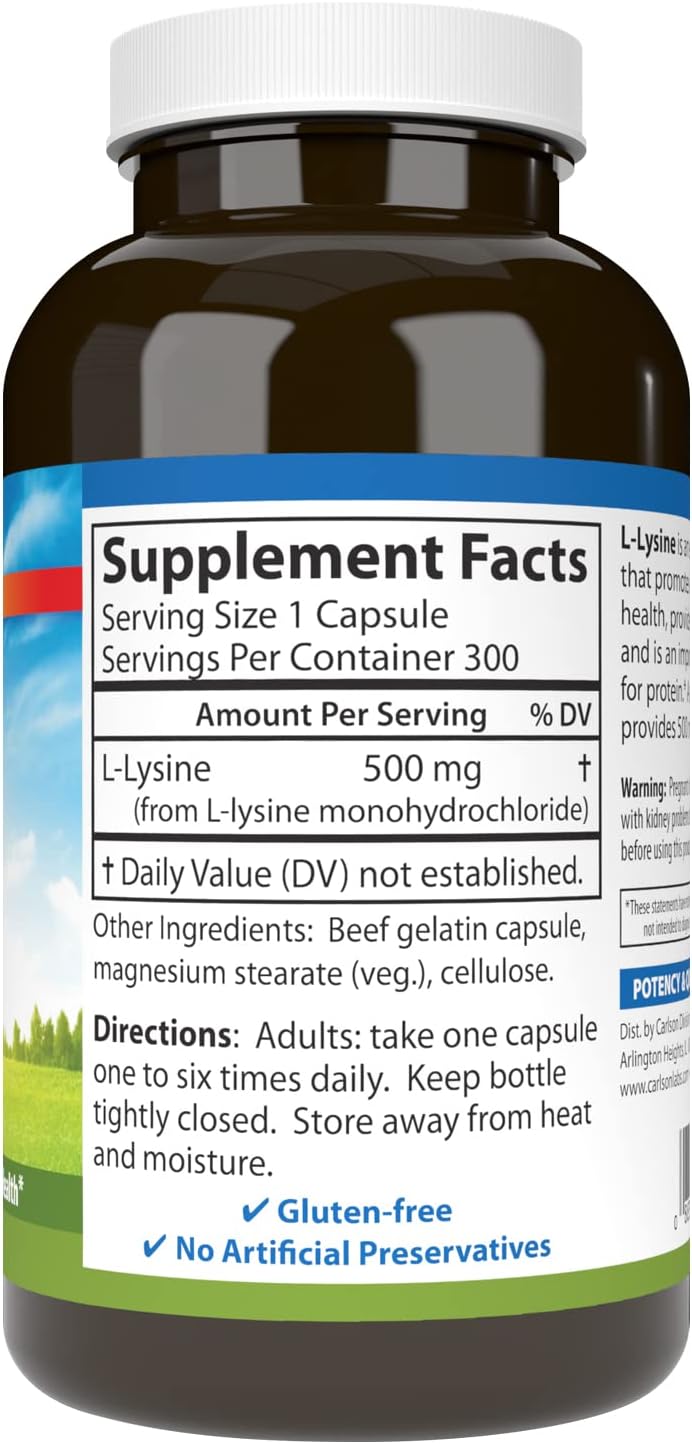 Carlson  LLysine 500 mg Supports Healthy Tissue  Muscle Development 300 capsules - Image 2