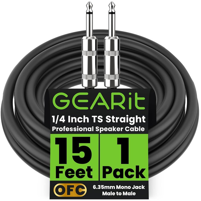 GearIT Professional Speaker Cable (15ft) 12AWG Pure Copper 1/4 inch to 1/4 inch TS Straight Male to Male for Amplifier, Speaker Cabinet, PA and DJ Audio - Image 1