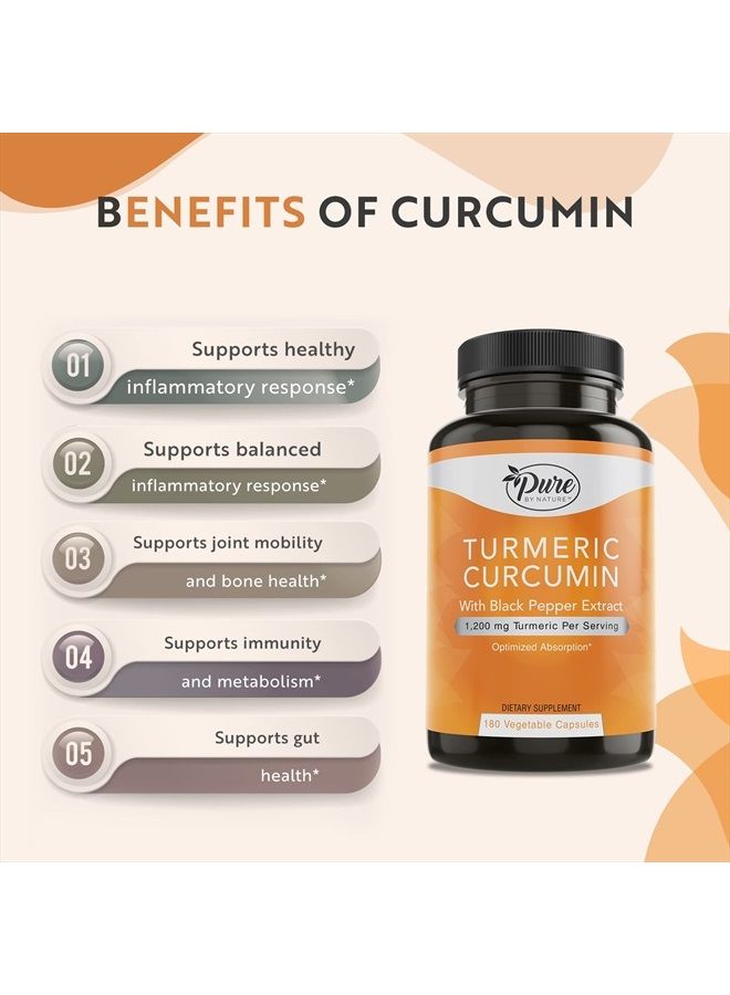 Pure By Nature كبسولات الكركم الكركمين مع مستخلص الفلفل الأسود 10 ملغ، 1200 ملغ لكل حصة، عضوي، دعم مضاد للأكسدة عالي الامتصاص (180 حبة) - Image 4