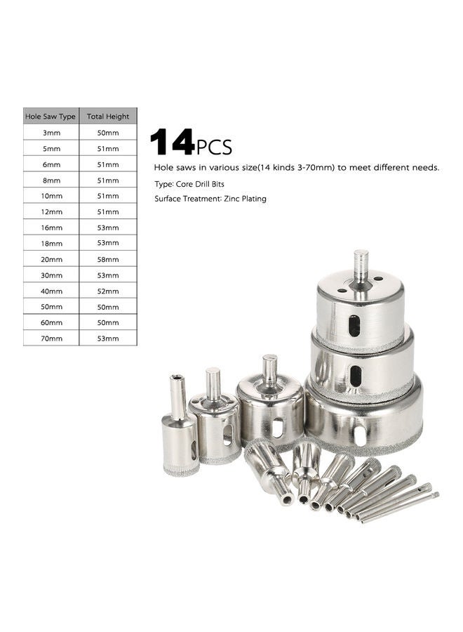 14-Piece Hole Saw Marble Drill Bit Tile Ceramic Glass Porcelain Drilling Set Silver 12 x 7cm - Image 2