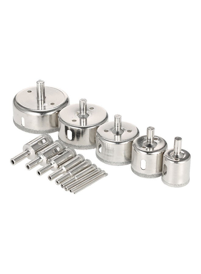 14-Piece Hole Saw Marble Drill Bit Tile Ceramic Glass Porcelain Drilling Set Silver 12 x 7cm - Image 1