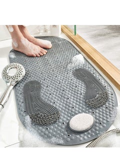 80X40CM Foot Scrubber Shower Mat with Pumice Feet Scrub Stone, Oval Bathtub Mat with Anti-ship Suction Cups and Drain Holes Bath Mat with A Pumice Stone for Feet Massage