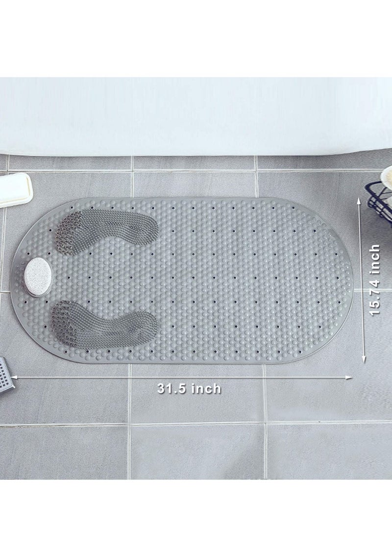 XiuWoo - 80X40CM Foot Scrubber Shower Mat with Pumice Feet Scrub Stone, Oval Bathtub Mat with Anti-ship Suction Cups and Drain Holes Bath Mat with A Pumice Stone for Feet Massage - Image 1