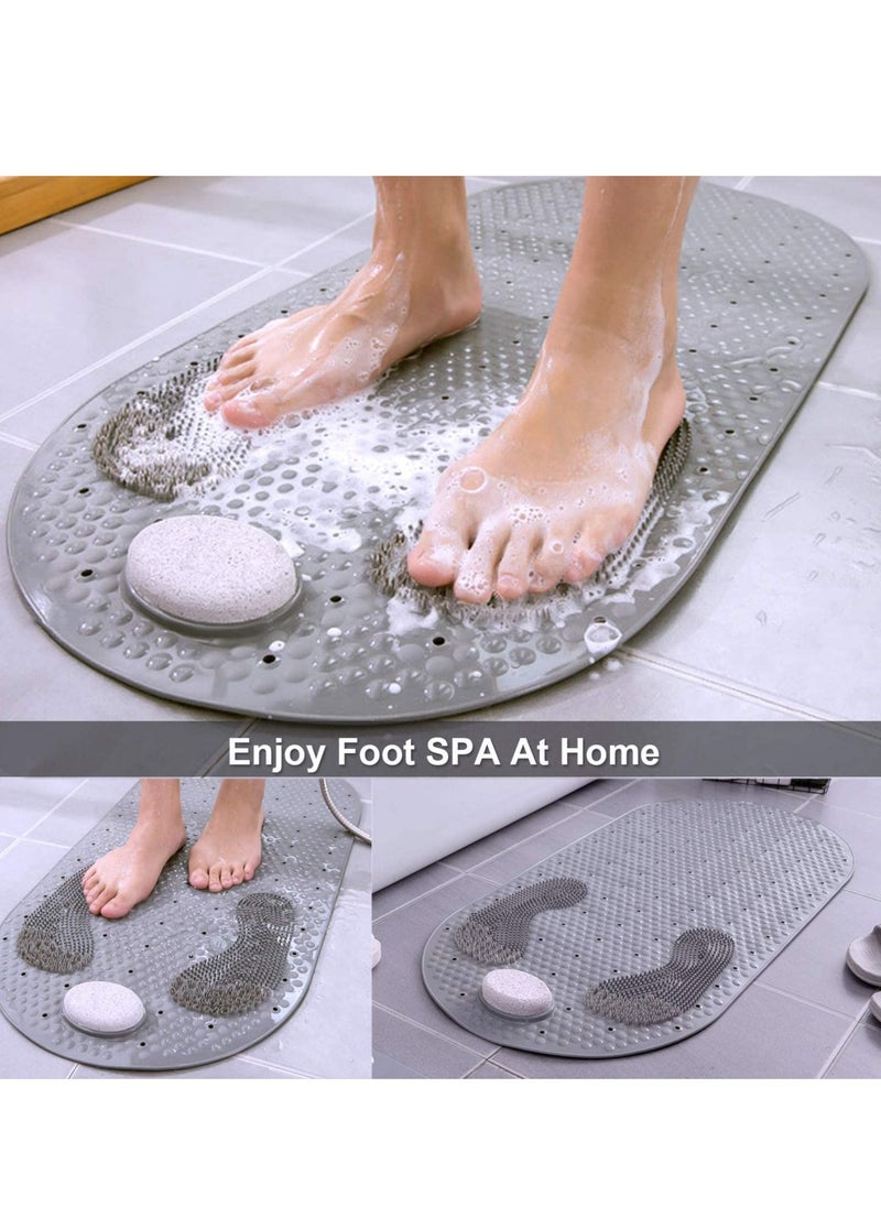XiuWoo - 80X40CM Foot Scrubber Shower Mat with Pumice Feet Scrub Stone, Oval Bathtub Mat with Anti-ship Suction Cups and Drain Holes Bath Mat with A Pumice Stone for Feet Massage - Image 1