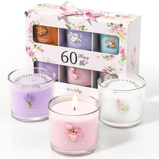 60th Birthday Gifts for Women, Birthday Candle Gift Set for Her, 6 Scented Votive Candles, Candles Gifts for Women/Men (6 Color, 400g)