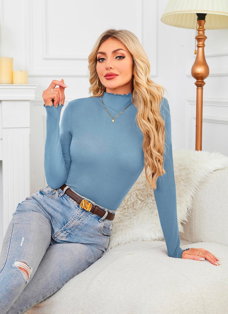 Herou 2 Pack Women Turtleneck Ribbed Long Sleeve Basic Layer Shirt Lettuce Trim Lightweight Basic T Shirt Fall Thermal Mock Neck Top Black, Haze Blue Large - Image 3