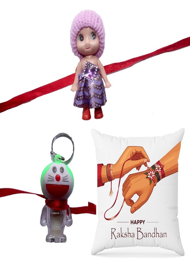 Ethnic Darzi Rakhi Combo Gift Set - 2 Kids Rakhis with Raksha Bandhan Printed Cushion - Gift for Kids | Rakhi with Pillow for Raksha Bandhan, RKCUS-49 - Image 1