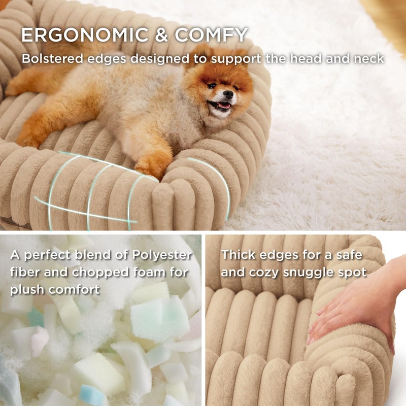 Bedsure ComfyFleeceâ„¢ Cute Dog Bed for Small Medium Dogs - Washable Furry Puppy Beds, Rectangle Orthopedic Corduroy Fleece Pet Beds with Removable Zipper Cover, 25x21x7inches,Sandy Beige - Image 3