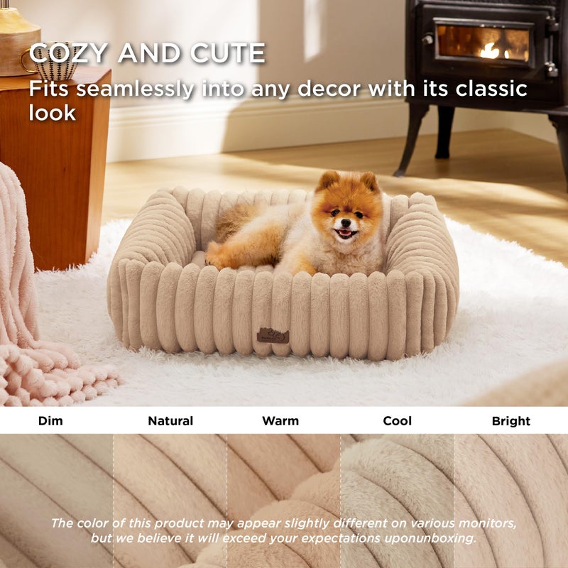 Bedsure ComfyFleeceâ„¢ Cute Dog Bed for Small Medium Dogs - Washable Furry Puppy Beds, Rectangle Orthopedic Corduroy Fleece Pet Beds with Removable Zipper Cover, 25x21x7inches,Sandy Beige - Image 2