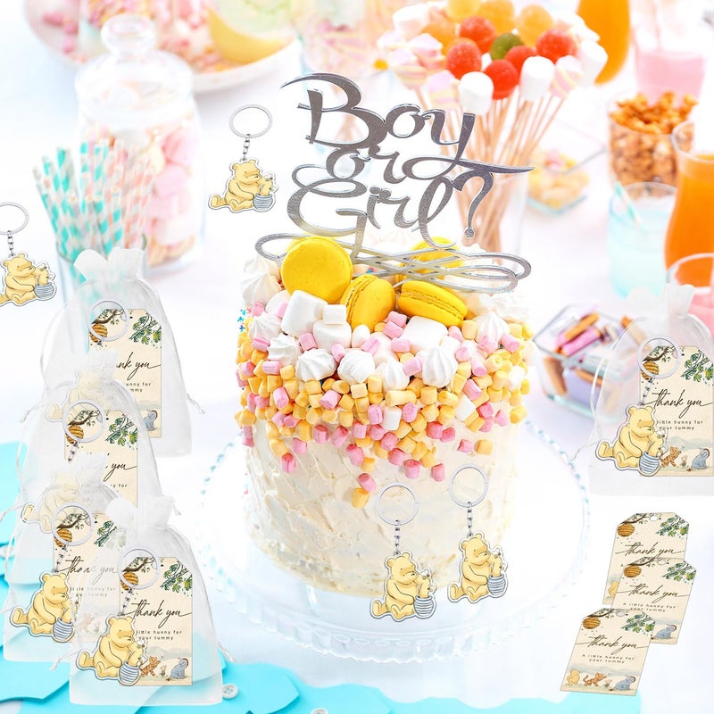 Xendelow 60 Pcs Winnie Baby Shower Set, 20 The Pooh Acrylic Keychains with 20 Thank You Tags 20 Organza Bags, Winnie Party Decorations, The Pooh Acrylic KeyChains for Baby Shower Gender Reveal Party Favors - Image 4