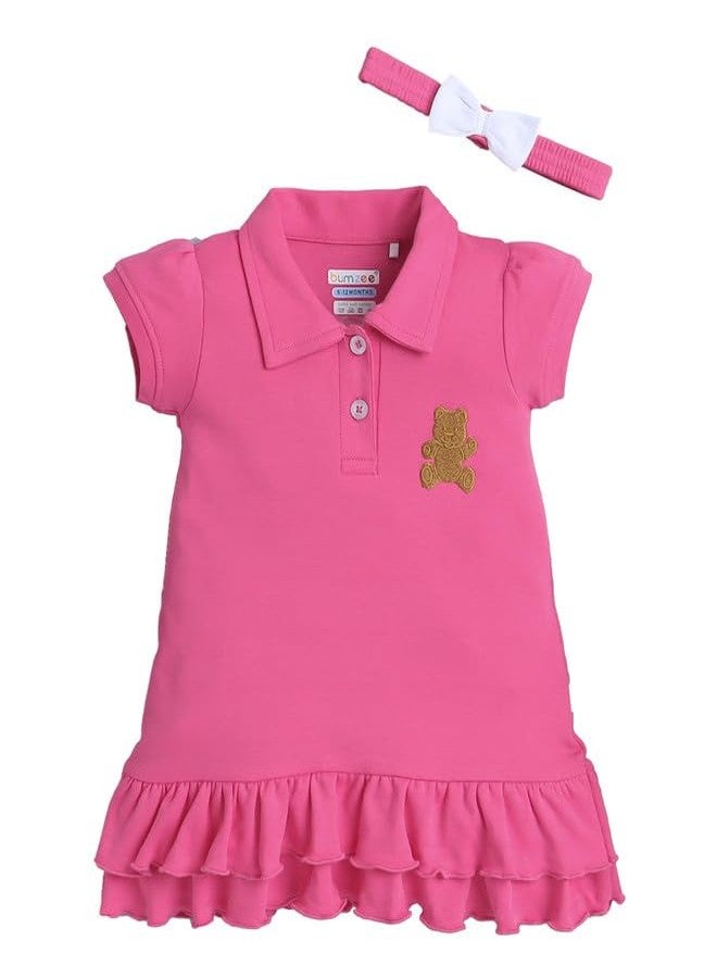 BUMZEE فستان بامزي للبنات من القطن بطول الركبة مع رباط رأس باللون الوردي - 3-6 أشهر - Image 1