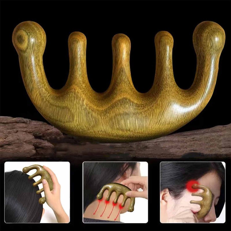 Qishing 100% Natural Handmade Pure wood Five-tooth meridians comb portable gold wire sandalwood comb wide tooth head scalp meridians scraping massage comb Wooden Comb for Men and Women (Half moon) - Image 4