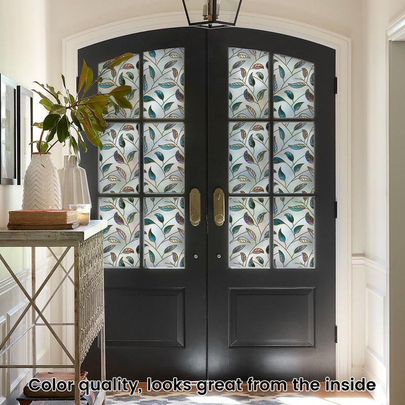 DKTIE Static Cling Decorative Window Film Vinyl Non Adhesive Privacy Film with Installation Kit, Multilayer UV Inkjet Technology, Thickened Stained Film, Vintage Leaf Pattern (S166, 17.7'' x 78.7'') - Image 2
