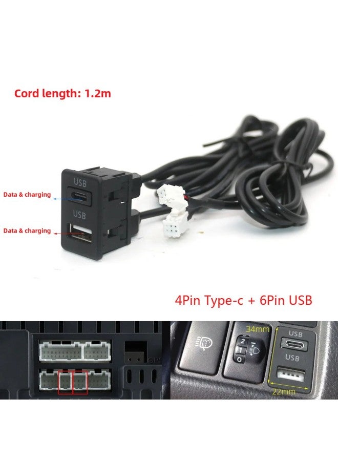 Android Navigation Car USB+Type-c Modified Cable Universal 4PIN 6PIN Port Fall-in Installation Panel Cable-Color:Black-Cord Length:1.2m - Image 1