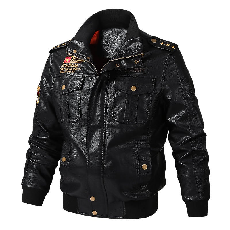 2024 autumn and winter new leather mens fleece-lined motorcycle leather jacket trendy youth baseball uniform embroidered leather jacket Black five-pointed star leather jacket