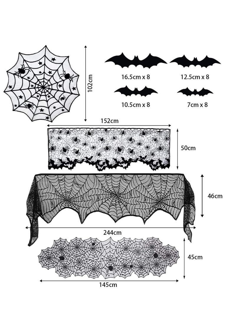 Holiday Decorations Set, Party Supplies Includes Black Lace Spider Web Tablecloth Fireplace Mantle, Tablecloth and 3D Bat Wall Window Sticker, Party Decorations (Black) - Image 2