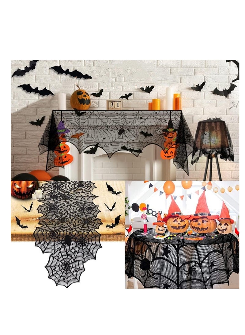 Holiday Decorations Set, Party Supplies Includes Black Lace Spider Web Tablecloth Fireplace Mantle, Tablecloth and 3D Bat Wall Window Sticker, Party Decorations (Black) - Image 1