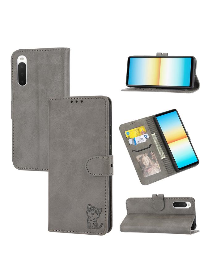 erorex Case For Sony Xperia 5 V Embossed Happy Cat Pattern Flip Leather Phone Case - Image 1