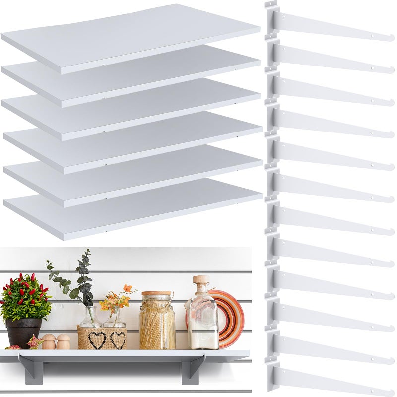 Tcevily 6 Pack White Slatwall Shelf, 24" x 12" Wooden Slat Wall Shelves with Metal Brackets Heavy Duty Slatwall Shelving Organizer Accessories for Home Garage (6, 23.6" x 11.8") - Image 1
