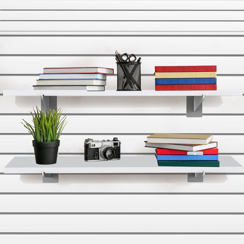 Tcevily 6 Pack White Slatwall Shelf, 24" x 12" Wooden Slat Wall Shelves with Metal Brackets Heavy Duty Slatwall Shelving Organizer Accessories for Home Garage (6, 23.6" x 11.8") - Image 2