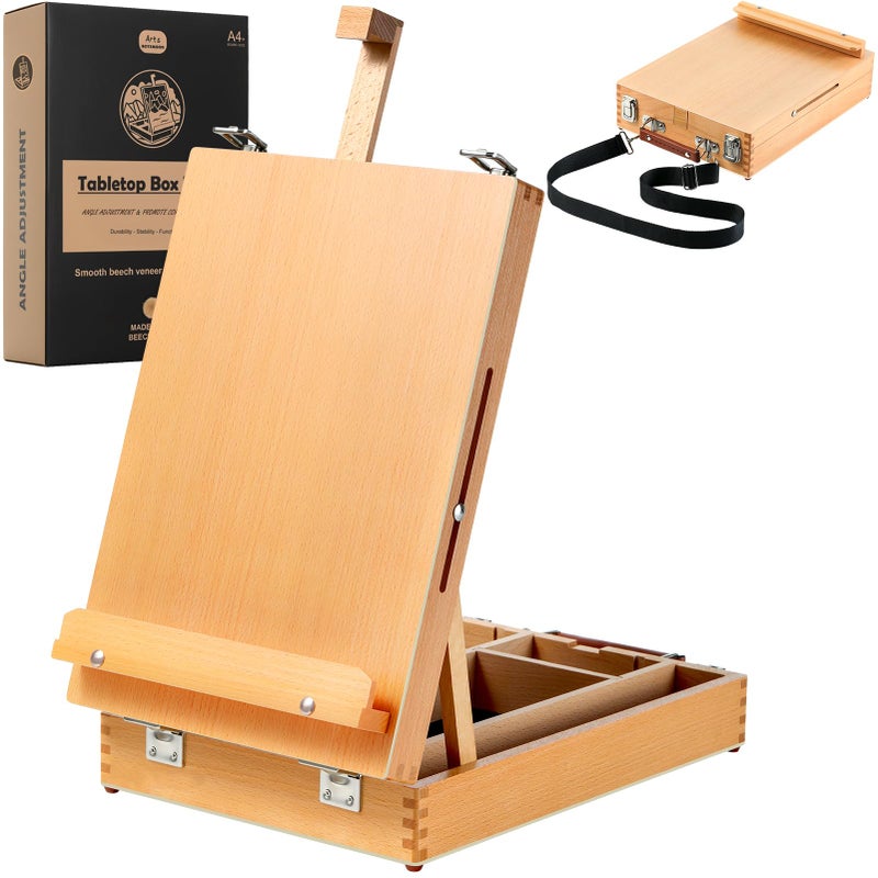 AOTEMOON Beechwood Tabletop Easel for Painting, Portable Adjustable Sketchbox Art Easel Stand with Detachable Shoulder Strap for Beginners and Art Lovers - Image 1