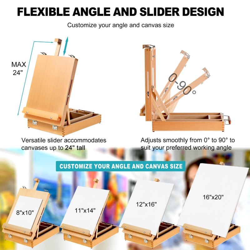 AOTEMOON Beechwood Tabletop Easel for Painting, Portable Adjustable Sketchbox Art Easel Stand with Detachable Shoulder Strap for Beginners and Art Lovers - Image 5