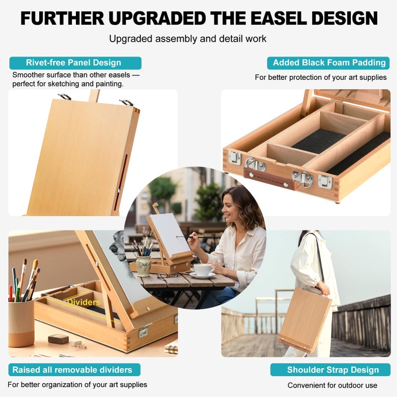 AOTEMOON Beechwood Tabletop Easel for Painting, Portable Adjustable Sketchbox Art Easel Stand with Detachable Shoulder Strap for Beginners and Art Lovers - Image 3