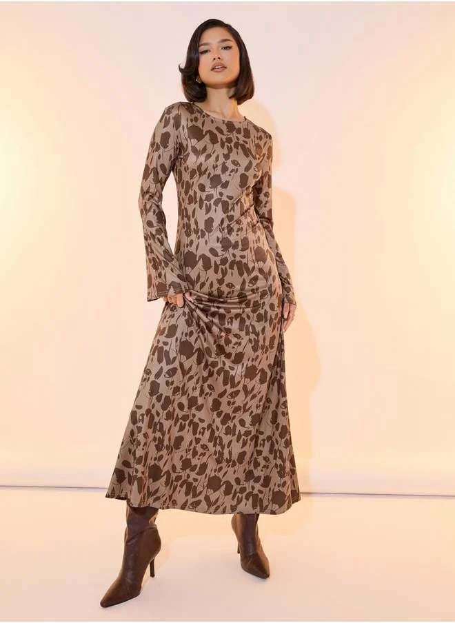 Styli All Over Print Bell Sleeves Maxi Dress