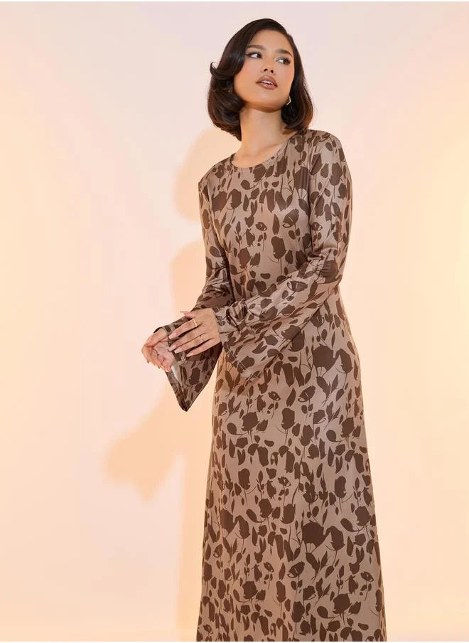 Styli All Over Print Bell Sleeves Maxi Dress