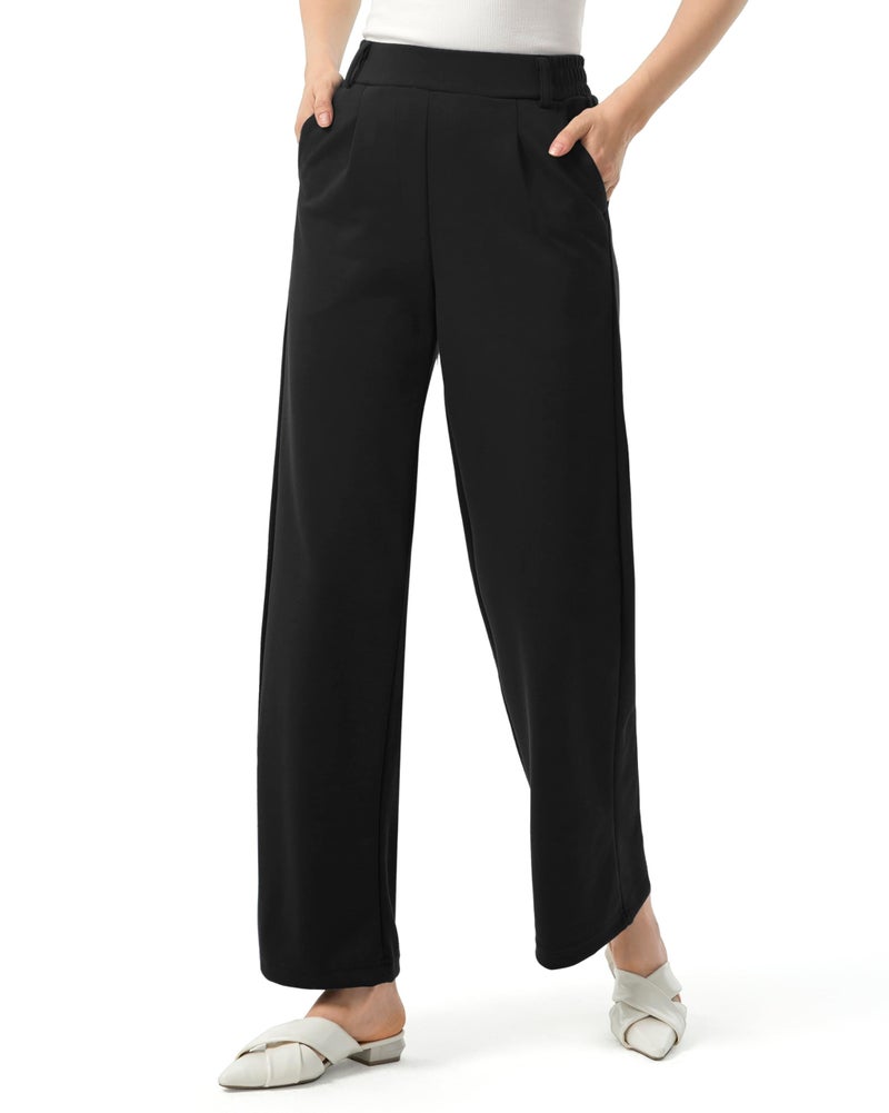 AFITNE Womens Wide Leg Work Pants High Waisted Pull On Dress Pants with Pockets Elastic Waistband Office Business Casual Loose Fit Trousers Slacks 29" Black L - Image 2