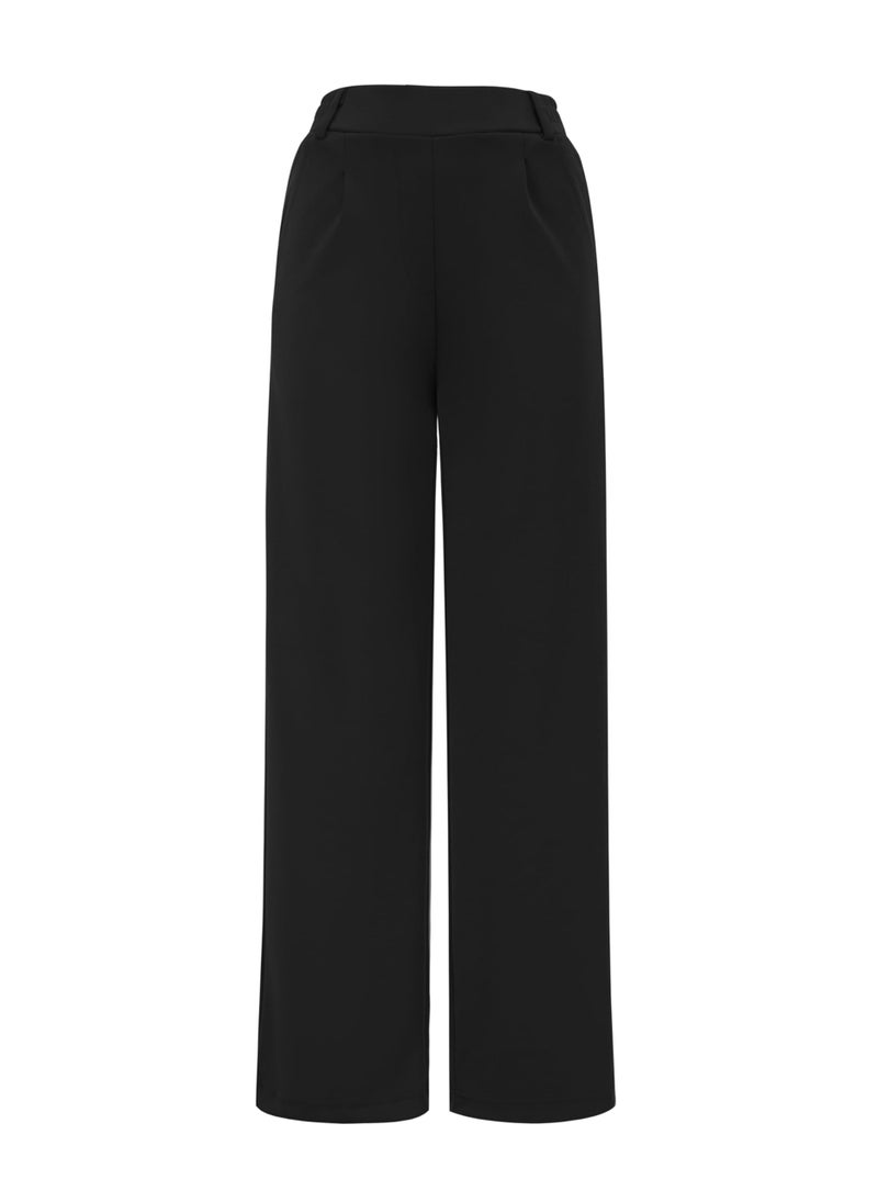 AFITNE Womens Wide Leg Work Pants High Waisted Pull On Dress Pants with Pockets Elastic Waistband Office Business Casual Loose Fit Trousers Slacks 29" Black L - Image 1