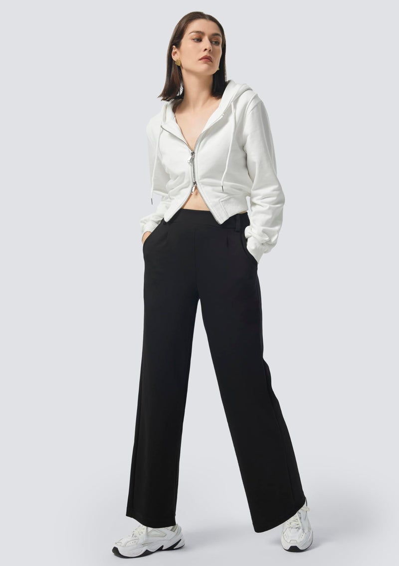 AFITNE Womens Wide Leg Work Pants High Waisted Pull On Dress Pants with Pockets Elastic Waistband Office Business Casual Loose Fit Trousers Slacks 29" Black L - Image 5