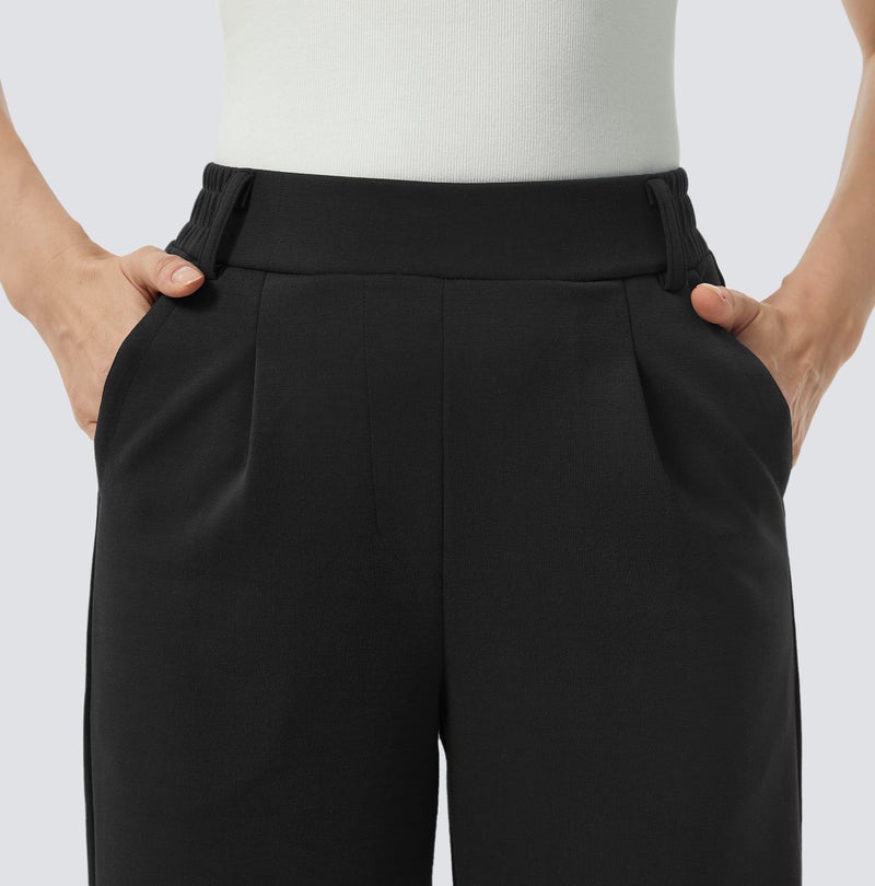 AFITNE Womens Wide Leg Work Pants High Waisted Pull On Dress Pants with Pockets Elastic Waistband Office Business Casual Loose Fit Trousers Slacks 29" Black L - Image 4