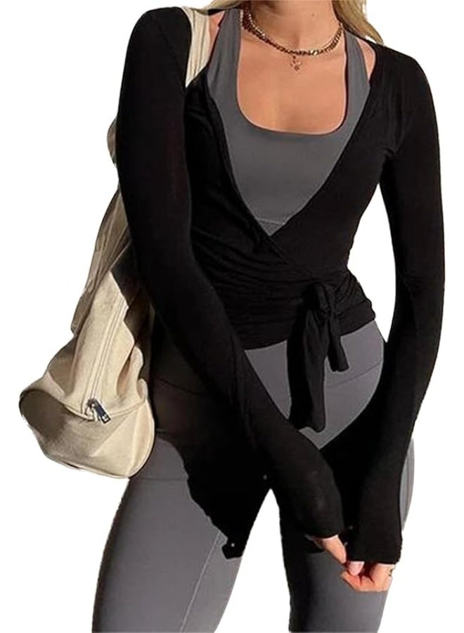 Long Sleeve Wrap Over Tops for Women Front Tie Slim Fitted Deep V-Neck Cross Wrap Around Tops Workout Pilates Ballet Yoga Gym Sports Tops[Black] M - Image 1