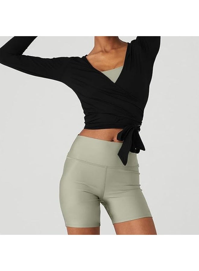 Long Sleeve Wrap Over Tops for Women Front Tie Slim Fitted Deep V-Neck Cross Wrap Around Tops Workout Pilates Ballet Yoga Gym Sports Tops[Black] M - Image 2