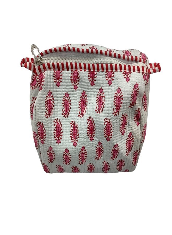 Doraya Hand Block Printed Cotton Quilted Floral Toiletry Bag 3 Piece Combo Set Waterproof Traveller Cosmetic Bags (White 9) - Image 3